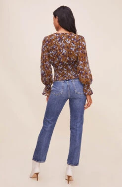 Long Sleeve Smocked Waist Surplice Top 28 Long Sleeve Smocked Waist Surplice Top -Sun Gaia Dresses Shop AT16307 BROWNBLUEFLORAL 14