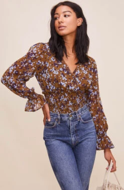 Long Sleeve Smocked Waist Surplice Top 21 Long Sleeve Smocked Waist Surplice Top -Sun Gaia Dresses Shop AT16307 BROWNBLUEFLORAL 5