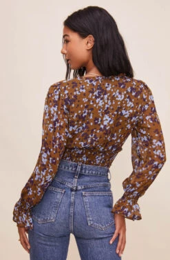 Long Sleeve Smocked Waist Surplice Top 32 Long Sleeve Smocked Waist Surplice Top -Sun Gaia Dresses Shop AT16307 BROWNBLUEFLORAL 8