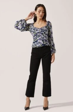 Ruffle Square Neck Long Sleeve Floral Top -Sun Gaia Dresses Shop AT16491 NAVY PURPLEMULTIFLORAL 1