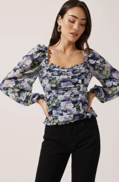 Ruffle Square Neck Long Sleeve Floral Top -Sun Gaia Dresses Shop AT16491 NAVY PURPLEMULTIFLORAL 2
