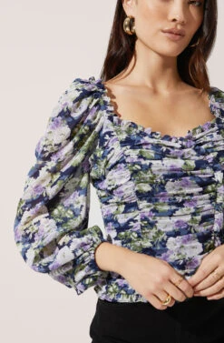 Ruffle Square Neck Long Sleeve Floral Top -Sun Gaia Dresses Shop AT16491 NAVY PURPLEMULTIFLORAL 3