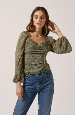Ruffle Square Neck Long Sleeve Floral Top