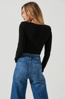 Long Sleeve Ruched Front Bodysuit -Sun Gaia Dresses Shop AT16935 BLACK 4