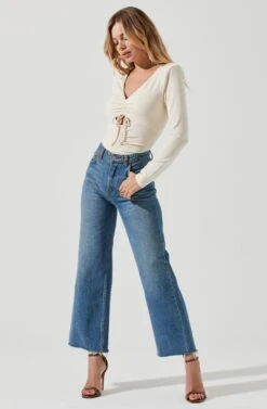 Long Sleeve Ruched Front Bodysuit -Sun Gaia Dresses Shop AT16935 CREAM 1