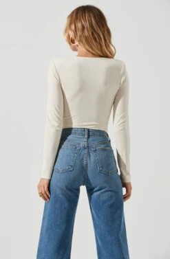 Long Sleeve Ruched Front Bodysuit -Sun Gaia Dresses Shop AT16935 CREAM 4