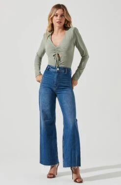 Long Sleeve Ruched Front Bodysuit -Sun Gaia Dresses Shop AT16935 SAGE 1