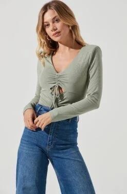 Long Sleeve Ruched Front Bodysuit -Sun Gaia Dresses Shop AT16935 SAGE 2