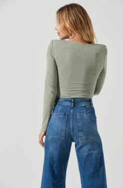 Long Sleeve Ruched Front Bodysuit -Sun Gaia Dresses Shop AT16935 SAGE 4