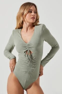 Long Sleeve Ruched Front Bodysuit -Sun Gaia Dresses Shop AT16935 SAGE 5
