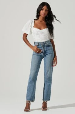 Ruched Short Bubble Sleeve Top 11 Ruched Short Bubble Sleeve Top -Sun Gaia Dresses Shop AT17231B WHITE 1348