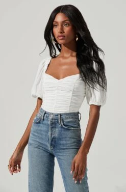 Ruched Short Bubble Sleeve Top 10 Ruched Short Bubble Sleeve Top -Sun Gaia Dresses Shop AT17231B WHITE 1351