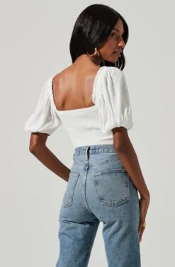 Ruched Short Bubble Sleeve Top 13 Ruched Short Bubble Sleeve Top -Sun Gaia Dresses Shop AT17231B WHITE 1359