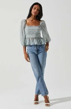 Floral Smocked Tie Back Top -Sun Gaia Dresses Shop AT17585 BLUEMULTI 2