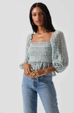 Floral Smocked Tie Back Top -Sun Gaia Dresses Shop AT17585 BLUEMULTI 3