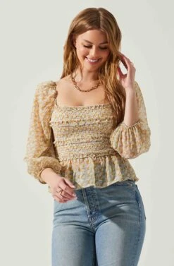 Floral Smocked Tie Back Top -Sun Gaia Dresses Shop AT17585 ORANGEPURPLEMULTI 3