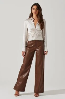 Angelina Satin Collared Ruched Long Sleeve Top -Sun Gaia Dresses Shop AT17637 CHAMPAGNE 1