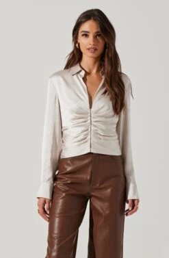 Angelina Satin Collared Ruched Long Sleeve Top -Sun Gaia Dresses Shop AT17637 CHAMPAGNE 2