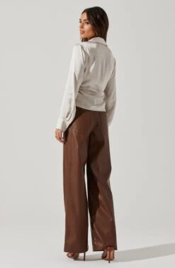 Angelina Satin Collared Ruched Long Sleeve Top -Sun Gaia Dresses Shop AT17637 CHAMPAGNE 4