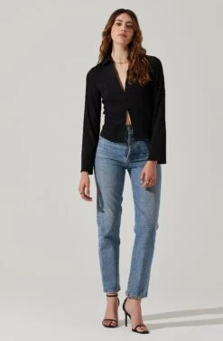 Shirred Long Sleeve Collared Flyaway Top -Sun Gaia Dresses Shop AT17821 BLACK 2