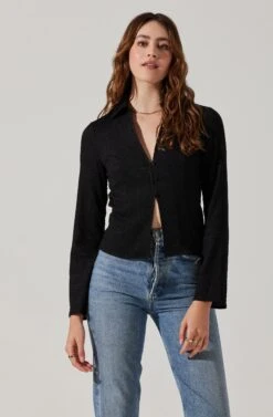 Shirred Long Sleeve Collared Flyaway Top -Sun Gaia Dresses Shop AT17821 BLACK 3