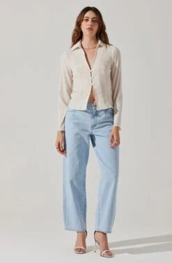 Shirred Long Sleeve Collared Flyaway Top -Sun Gaia Dresses Shop AT17821 OFFWHITE 1