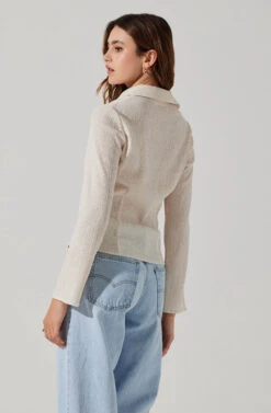 Shirred Long Sleeve Collared Flyaway Top -Sun Gaia Dresses Shop AT17821 OFFWHITE 6