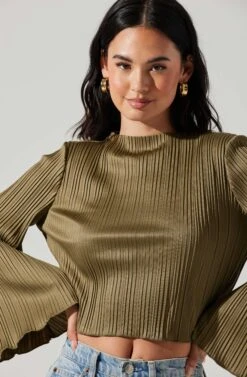 Cropped Plisse Mock Neck Top -Sun Gaia Dresses Shop AT17868 OLIVE 3