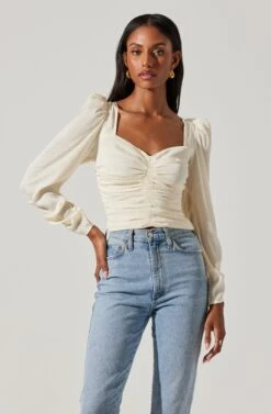 Long Sleeve Ruched Puff Sleeve Top 19 Long Sleeve Ruched Puff Sleeve Top -Sun Gaia Dresses Shop AT17932YS CREAM 3