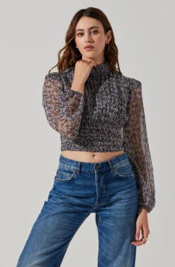 Floral Puff Sleeve Mock Neck Top 12 Floral Puff Sleeve Mock Neck Top -Sun Gaia Dresses Shop AT17933 BLACKPURPLEFLORAL 4