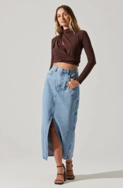 Asymmetrical Pleated Cutout Mock Neck Top -Sun Gaia Dresses Shop AT17934 ESPRESSO 4