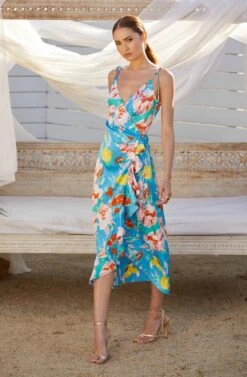 Satin Front Tie Wrap Floral Midi Dress -Sun Gaia Dresses Shop MAY SummerWeddingRefresh 5.4 7350