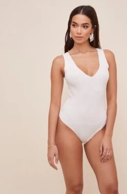 Ribbed V Neck Bodysuit -Sun Gaia Dresses Shop WL18 1285 IVORY 6
