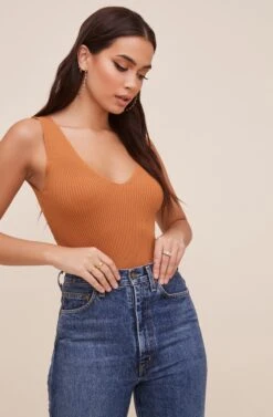 Ribbed V Neck Bodysuit -Sun Gaia Dresses Shop WL18 1285 RUST 2