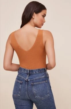 Ribbed V Neck Bodysuit -Sun Gaia Dresses Shop WL18 1285 RUST 5